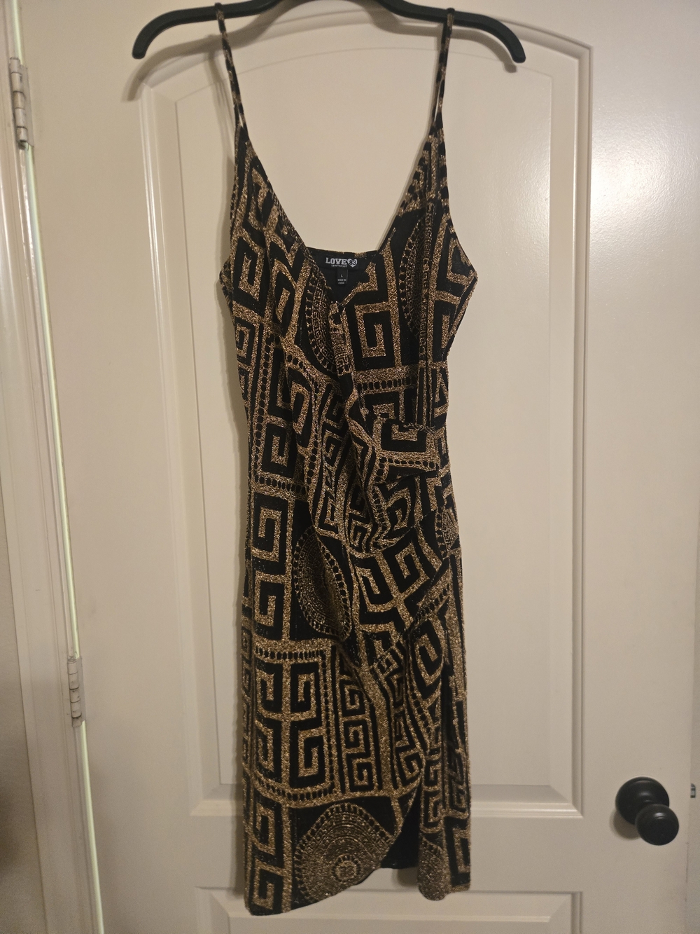 Large Love 83 Black and Gold Geometric Midi Slip Dress